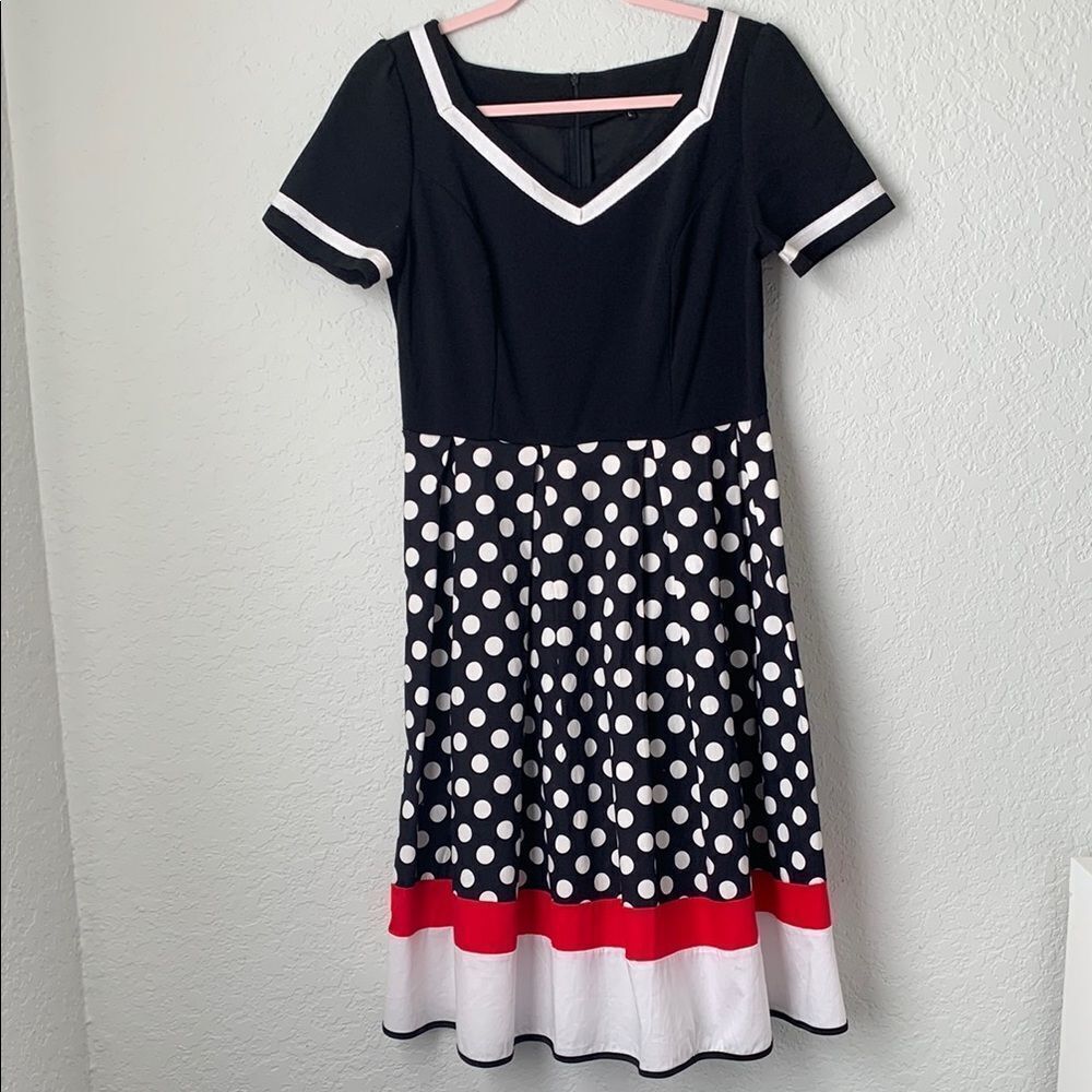 Black and White Polka Dot Dress with Red Trim Size L
